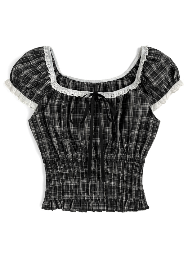 チェック柄フリルリボンシャーリングブラウス