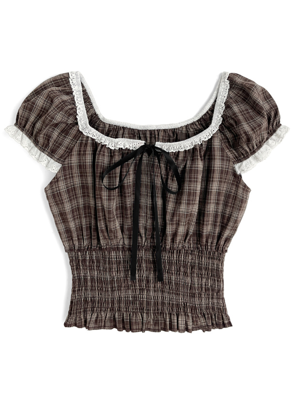 チェック柄フリルリボンシャーリングブラウス