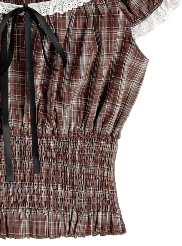 チェック柄フリルリボンシャーリングブラウス