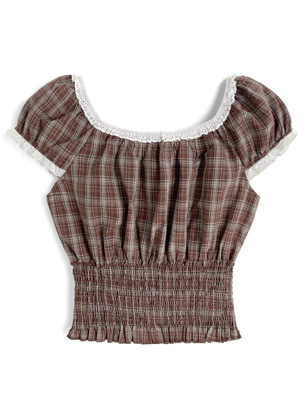 チェック柄フリルリボンシャーリングブラウス