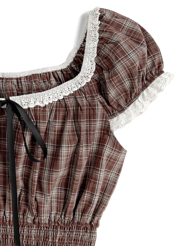 チェック柄フリルリボンシャーリングブラウス