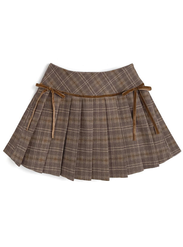 インパン裏地付きチェック柄サイドリボンプリーツミニスカート[ks189]