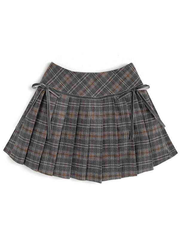 インパン裏地付きチェック柄サイドリボンプリーツミニスカート[ks189