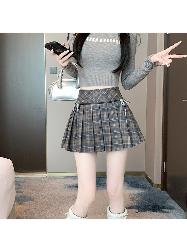 インパン裏地付きチェック柄サイドリボンプリーツミニスカート[ks189