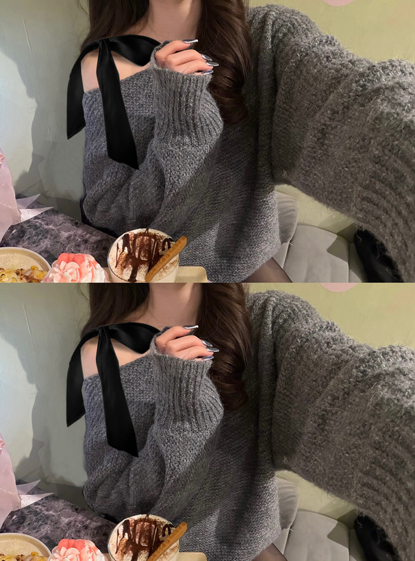 ワンショルダーリボンニットトップス