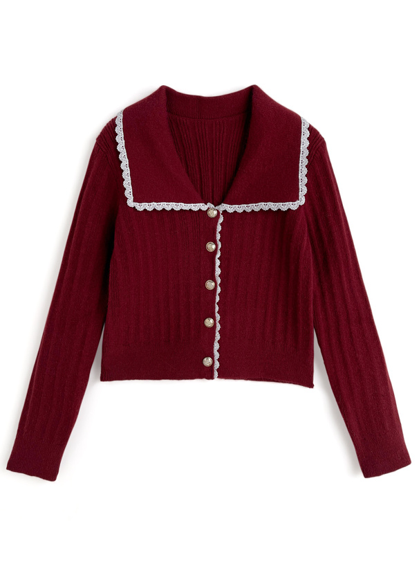 ビッグカラー配色レースニットトップス[ks194] | レディース