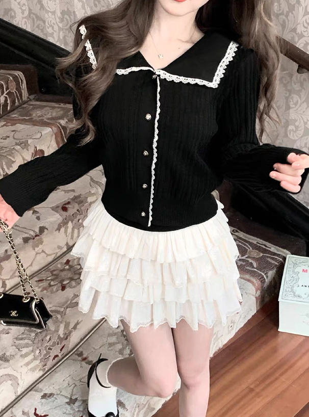 ビッグカラー配色レースニットトップス[ks194] | レディース