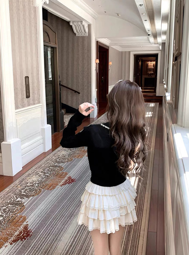 ビッグカラー配色レースニットトップス[ks194] | レディース