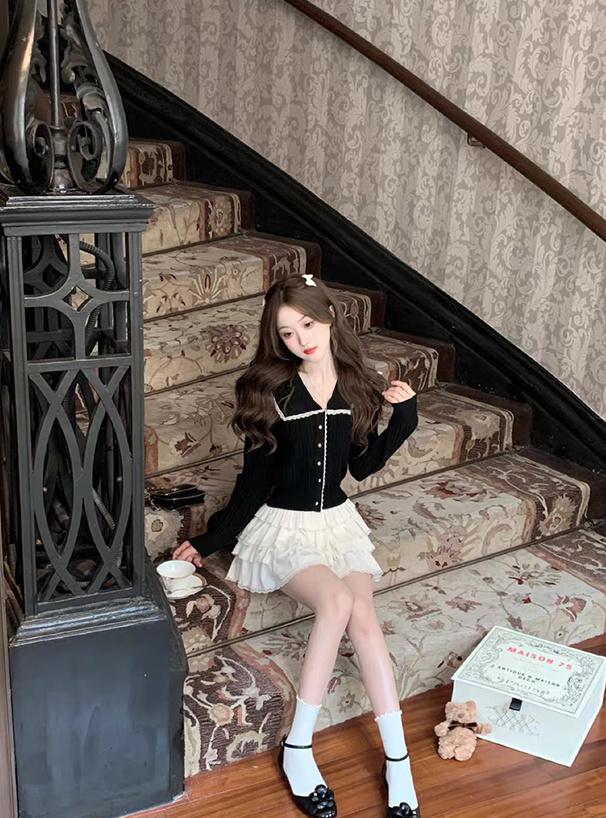 ビッグカラー配色レースニットトップス[ks194] | レディース