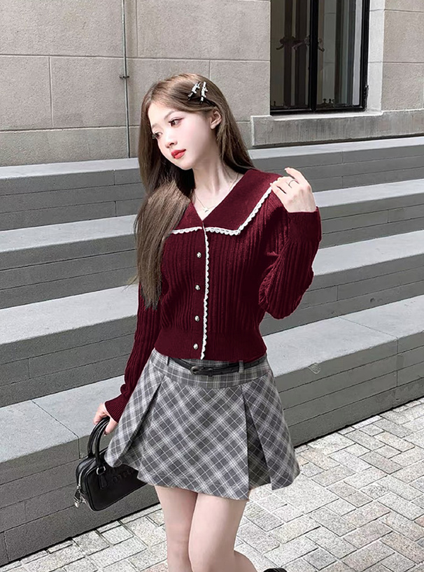 レディースまとめ売り★ボルドー・グレージュきれい系 ビッグカラー配色レースニットトップス[ks194] | レディース