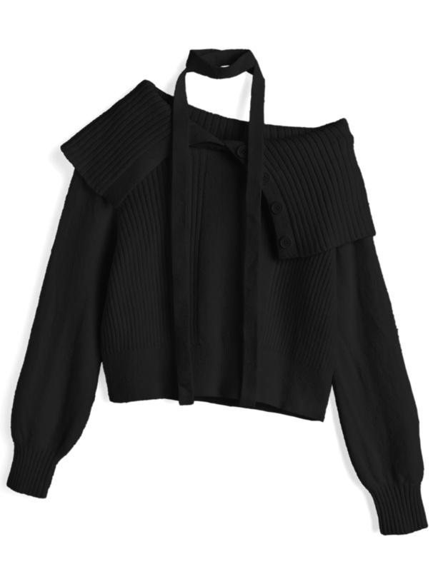 2Wayタイ付きビッグカラーニットトップス