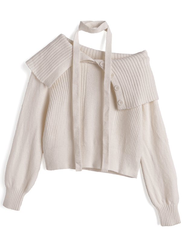 2Wayタイ付きビッグカラーニットトップス