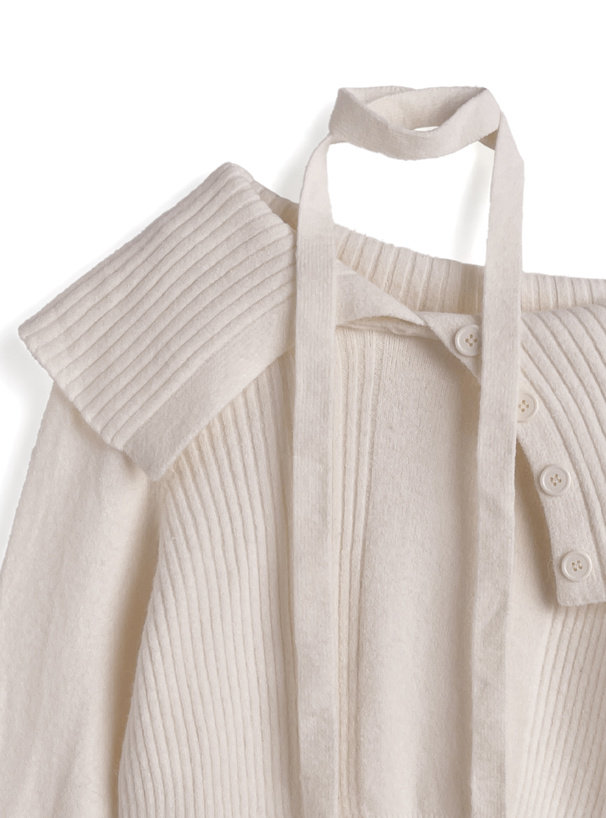 2Wayタイ付きビッグカラーニットトップス