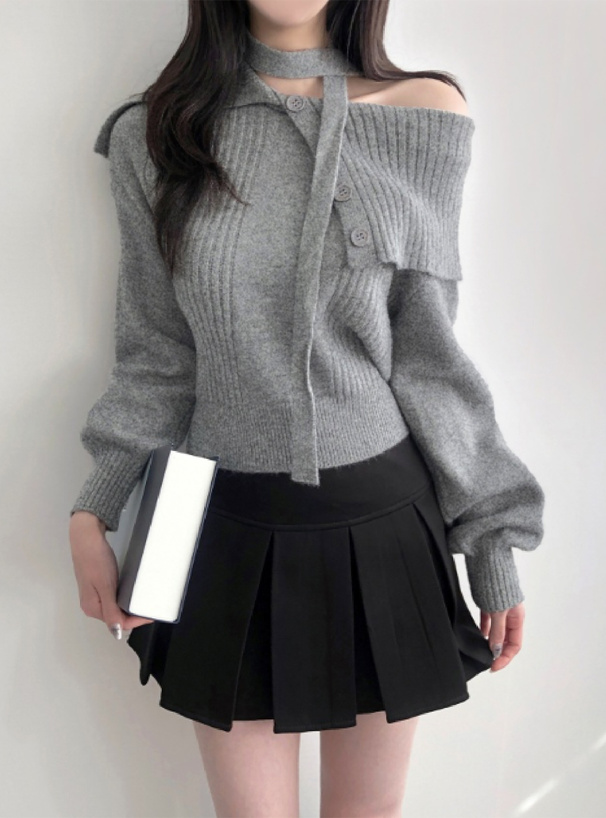 2Wayタイ付きビッグカラーニットトップス[ks198] | レディース