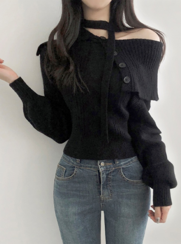 2Wayタイ付きビッグカラーニットトップス