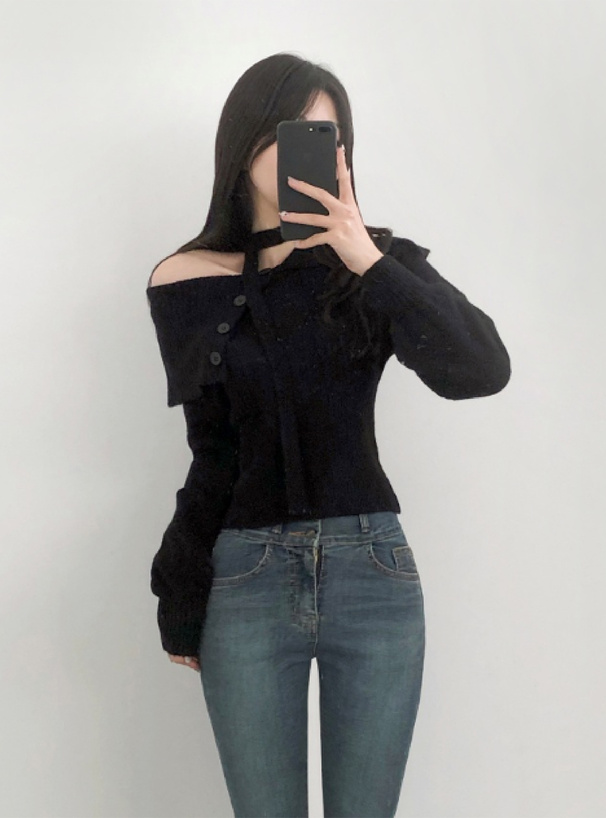 2Wayタイ付きビッグカラーニットトップス