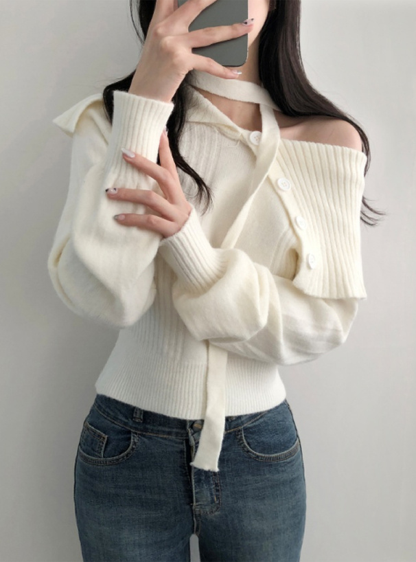 2Wayタイ付きビッグカラーニットトップス