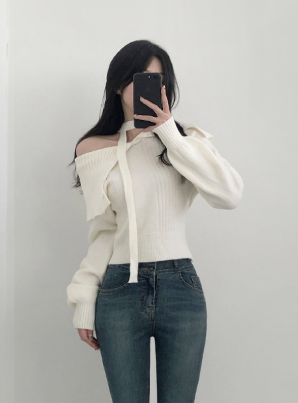 2Wayタイ付きビッグカラーニットトップス