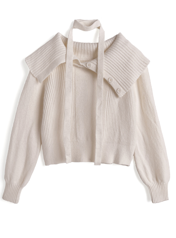 2Wayタイ付きビッグカラーニットトップス