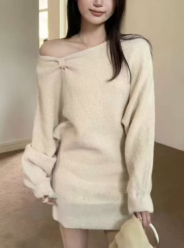 ワンショルダーリボンラメニットミニワンピース