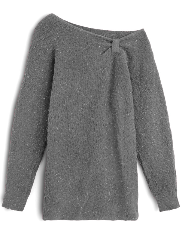 ワンショルダーリボンラメニットミニワンピース