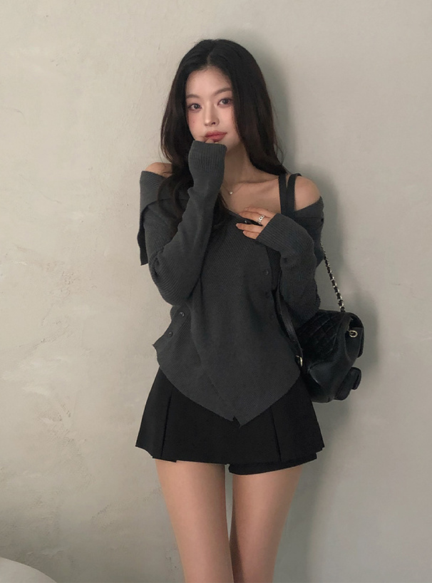 2Wayアシンメトリーリブニットトップス