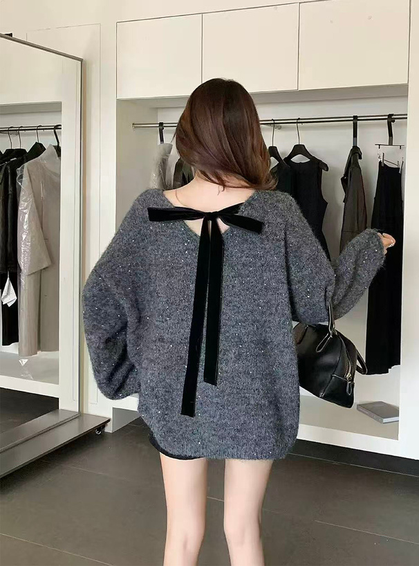 前後2Wayベロアリボンスパンコールニットトップス