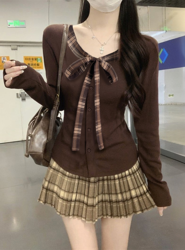 チェック柄リボントップス