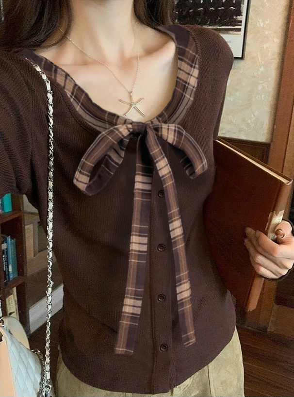 チェック柄リボントップス