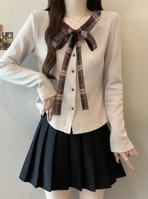 チェック柄リボントップス