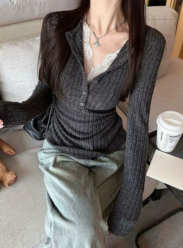 レースドッキングヘンリーネックリブトップス[ks218] | レディース