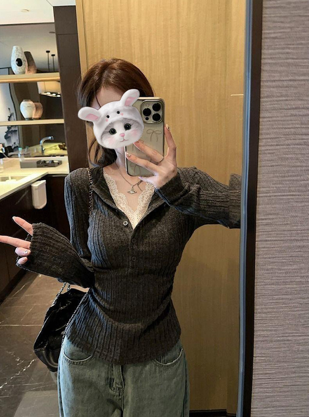 レースドッキングヘンリーネックリブトップス[ks218] | レディース