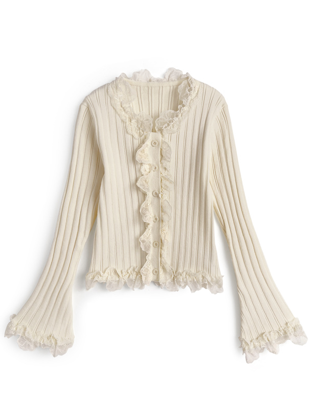 レースフリルリブニットカーディガン