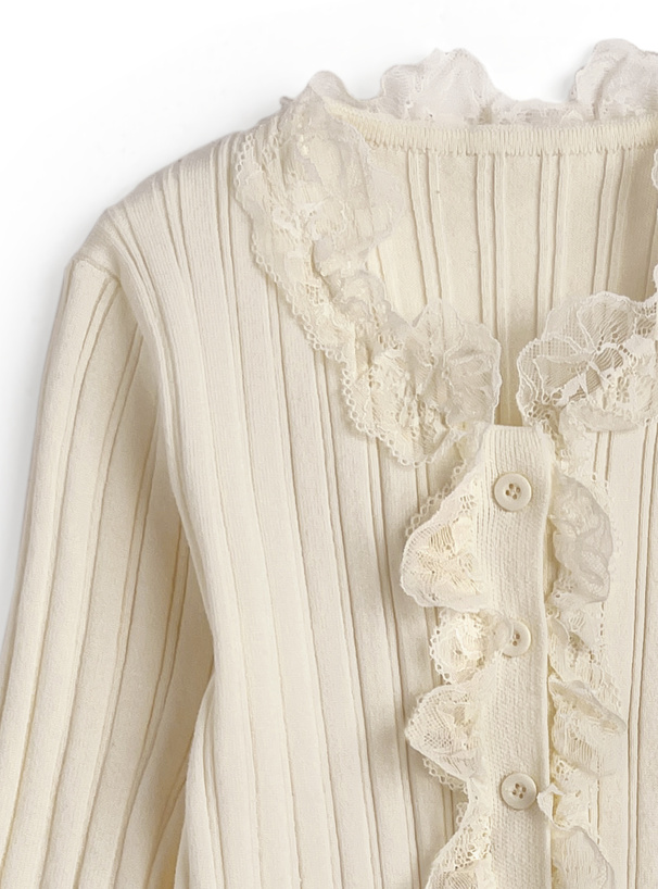 レースフリルリブニットカーディガン