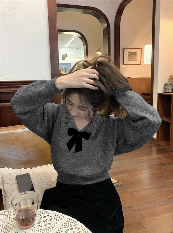 リボン付きレースカラーニットトップス[ks220] | レディース