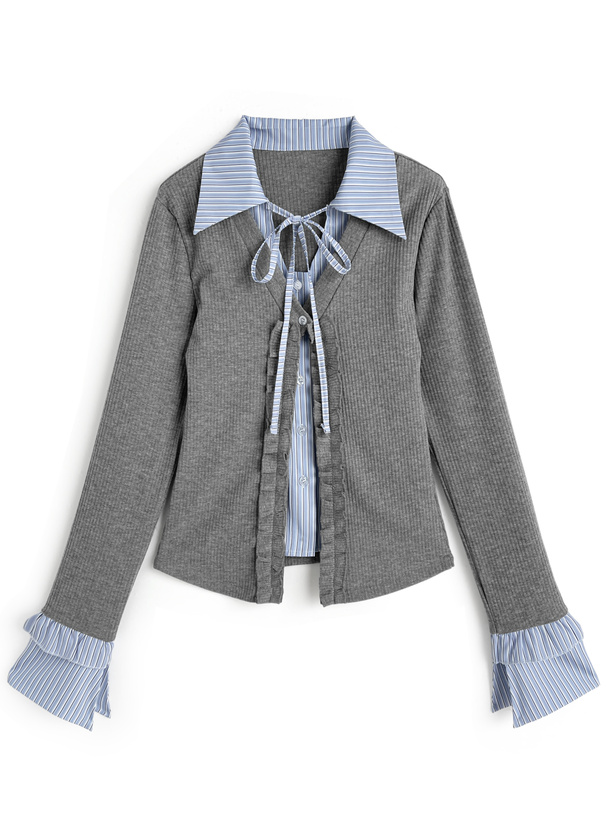 ストライプ柄シャツレイヤード風フリルトップス[ks222]