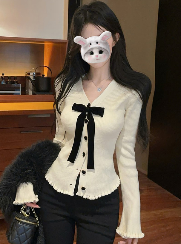 リボン付きハートボタンフリルニットカーディガン[ks227] | レディース