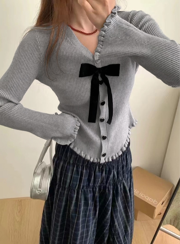 リボン付きハートボタンフリルニットカーディガン[ks227] | レディース