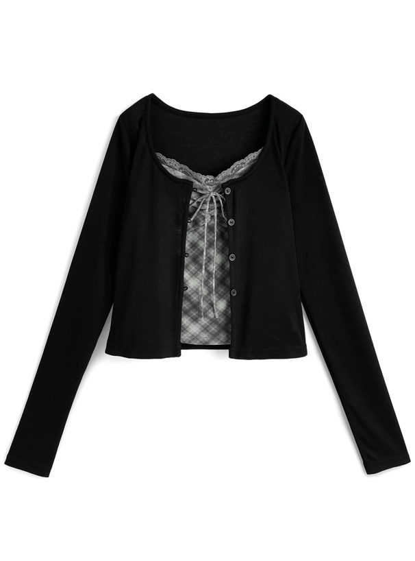 チェック柄レースキャミソール×カーディガンアンサンブル[ks229]