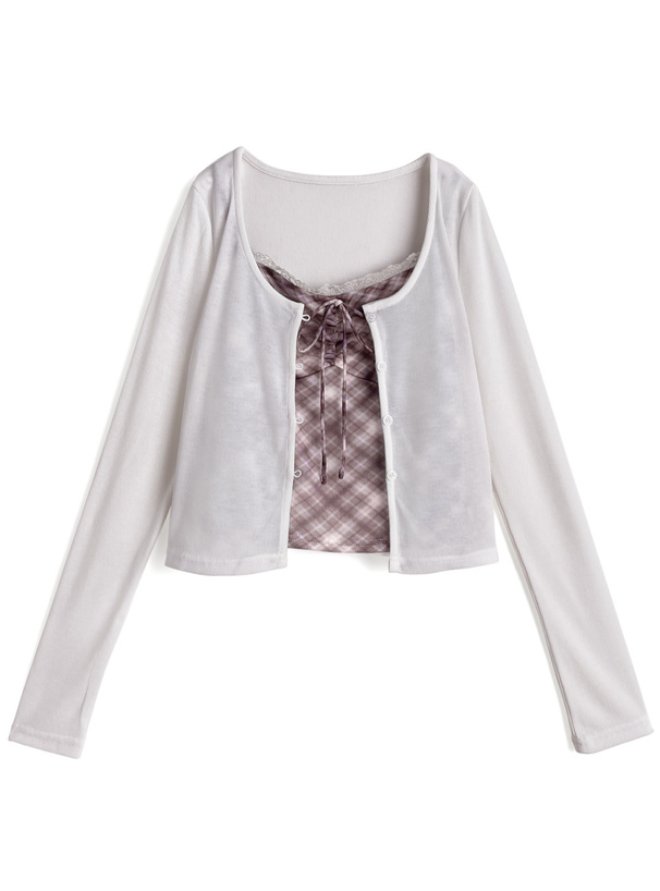 チェック柄レースキャミソール×カーディガンアンサンブル