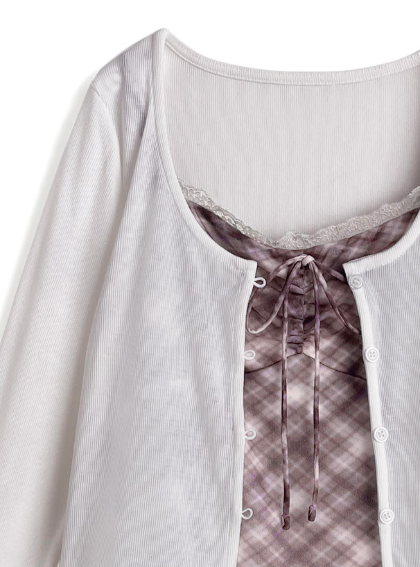 チェック柄レースキャミソール×カーディガンアンサンブル