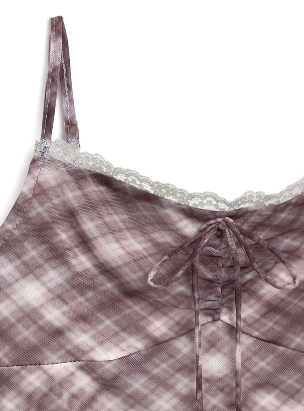 チェック柄レースキャミソール×カーディガンアンサンブル