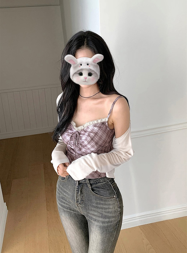 チェック柄レースキャミソール×カーディガンアンサンブル