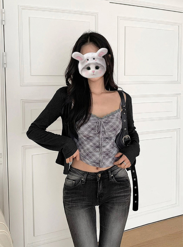 チェック柄レースキャミソール×カーディガンアンサンブル