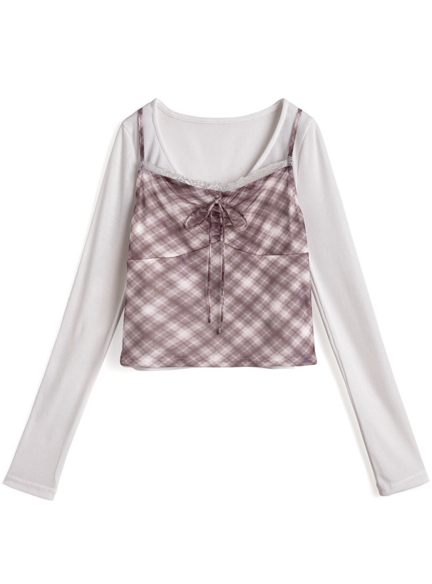 チェック柄レースキャミソール×カーディガンアンサンブル