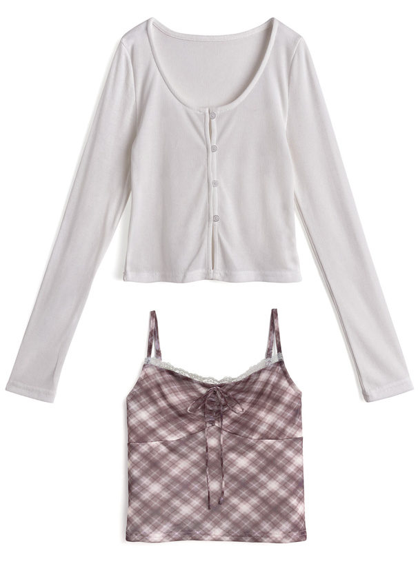 チェック柄レースキャミソール×カーディガンアンサンブル