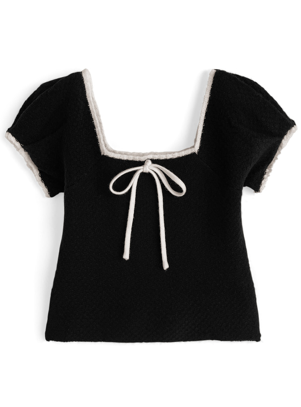 配色リボンスクエアネックニットトップス