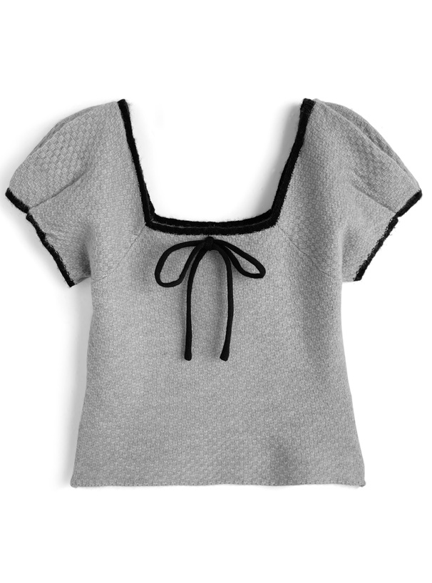 配色リボンスクエアネックニットトップス