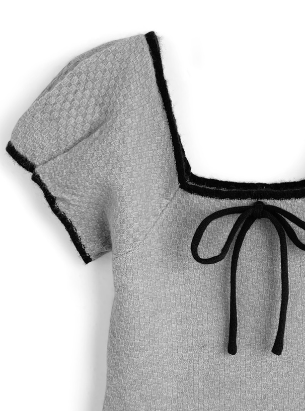 配色リボンスクエアネックニットトップス