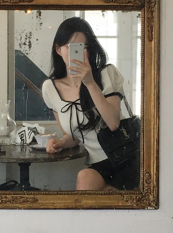 配色リボンスクエアネックニットトップス